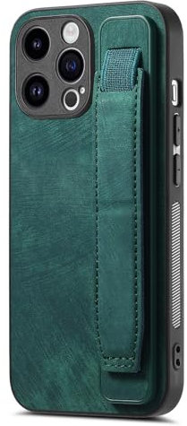 Omio Designed for iPhone 14 Pro Leather Case with Stand & Strap, Wrist Strap Leather Back Cover Case Hard PC Shockproof Finger Grip Case for iPhone 14 Pro Men Women Girls, Green