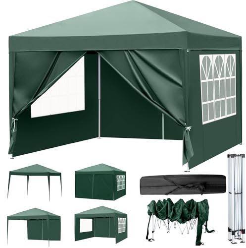 LEADZM 3x3m Tonnelle de Jardin Pliable,Pop-up,Réglable en Hauteur, Imperméable,Protection UV 50+,avec 4 Côtés,Cadres en Acier,Convient pour la Fête, l'extérieur,Patio,Camping,Vert