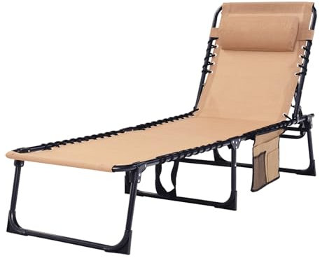 Foristrail Chaise Longue Pliante – Capacité de 181,4 kg – Fauteuil inclinable Portable et réglable avec Oreiller pour terrasse, Piscine, Camping, Bain de Soleil – Design Plat (Beige)