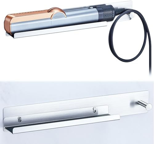 XILIMOR Glätteisen Halterung Ohne Bohren, Edelstahl Föhn Glätteisen Halterung, Wandhalterung für Haarglätter Halter, Lockenstab Aufbewahrung mit Kabellagerungsregale für Bad, Silber
