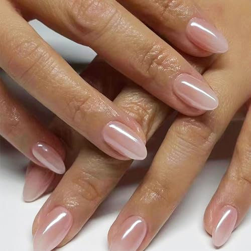 DMQ Chrome False Nails Short, 24PCS Glazed Nude Pink Press On Nails Almond, Mermaid Glitter Shine Fake Nails Set with Glue, Full Cover Stick on Nail for Women Girls Daily & Party Nail Art