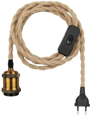 Mkichi Lámpara Cuerda Colgante Vintage,Cáñamo Lampara de Techo Colgante,E27 Portalamparas con Enchufe y Interruptor,Cable de Cuerda Lámparas Colgantes Para para Comedor Dormitorio Sala (Bronce 2M)