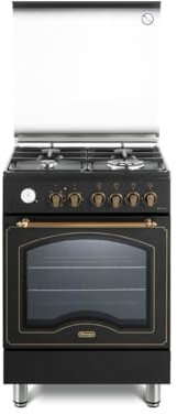 De'Longhi PEMA 664 CLSG Cuisine à gaz, 60 cm, Four électrique multifonctionnel, 4 brûleurs, 1 double couronne, grilles en fonte, Easysteam, hydroclean, ligne country, couleur noire, classe énergétique
