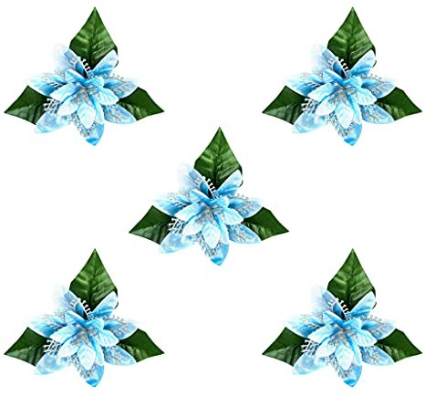 5 piezas/1 juego de flores artificiales de imitación para árbol de Navidad, decoración de árbol de Navidad, azul, rojo, dorado, plateado, cian, azul