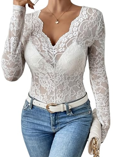 Springcmy Women Floral Embroidery Mesh Lace Sheer Scallop Trim V Neck Long Sleeve Top Undershirts Layering Top Shirts (A White, M)
