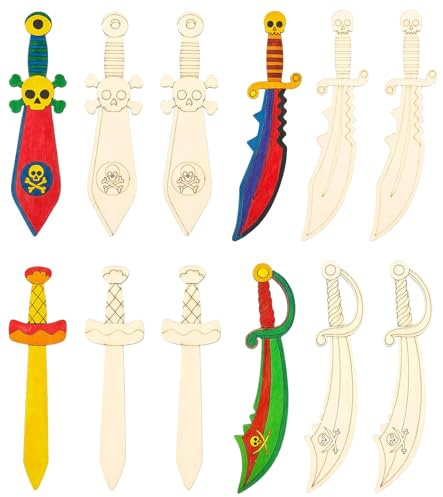 TAKONE Holzschwerter Zum Bemalen – 12-teiliges DIY Set Aus Holz Mit Farbigen Stiften Für Kindergeburtstag Oder Piraten-Motto