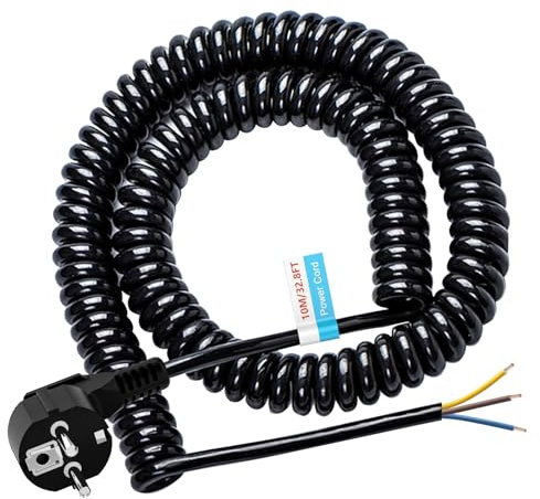 Schutzkontakt Verlängerungs Kabel - 10M, Anschluss Spiralkabel Kunststoffleitung Verlängerungsleitung, IP20 Innenbereich mit Schuko Stecker, Schuko-Stromkabel 230 V / 16 A, Schwarz