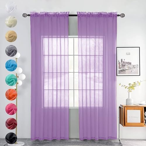 Youleyar 2 Set Sheer Transparente Gardine aus Voile Polyester Stab-Taschenfenster Transparent Vorhänge Wohnzimmer Dekoration für Schlafzimmer W140 X H225 cm Lavendel