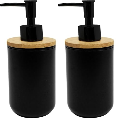 douceur d'intérieur, Distributeur Savon (Diamètre 7,2 x 17,5 cm) Smart Noir, Polystyrène et Bambou (Lot de 2)