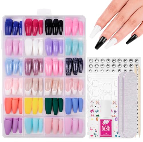 BUTBU 288 Pièces Faux Ongles Court, Ongles à Presser, Press on Nails, Faux ongles Autocollants, Ongles Artificiels Réutilisables Ronds Brillants pour Femmes Filles
