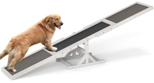 COSTWAY Hundewippe Holz, Hunde Agility Wippe, Outdoor Hundesport für Balance-Training, für kleine & große Hunde bis 60 kg, wetterfestes Spielset, 179 x 30 x 55 cm, Weiß