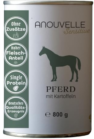 Anouvelle Sensitive Single-Protein Hundefutter Pferd & Kartoffel, 6 x 800 g, Hypoallergen, Getreidefrei mit über 90% Proteinanteil (Fleisch und Innereien)