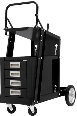 Schweißwagen mit 4 Schubladen | Rollwagen für Schweißgerät und Gasflaschen | Werkstattwagen aus Stahl bis 80 kg belastbar | Mobiler Arbeitswagen mit Haken und Sicherungsketten | Schwarz
