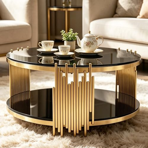 Bladez Mesa de centro redonda de cristal negro de 80 cm, patas de metal doradas modernas, diseño de cristal templado y acero inoxidable, mesa auxiliar (oro, mesa de centro)