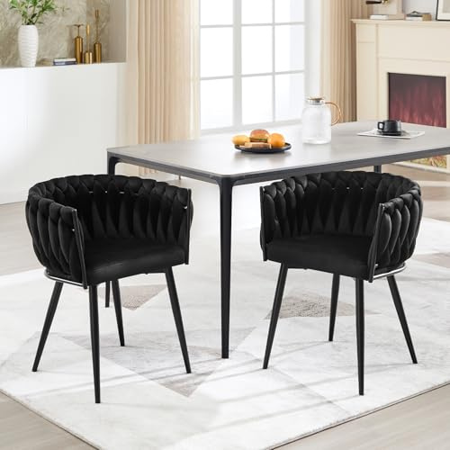 Chummaven Samt Esszimmerstühle 2er Set Armlehne Geflochtene Lehne Schwarz | gepolstert, mit Metallbeine, ergonomische Rückenlehne, Modernes Design, Küchenstühle Esstischstühle Sessel für Esszimmer