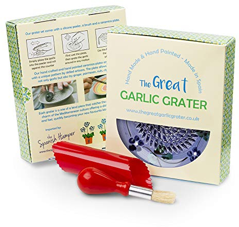 Garlic Grater Plate Set with Brush and Peeler. (#Ref 5). Handmade and Hand Painted in Cordoba, Spain. Blue with Brown Rim and Flowers.