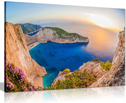 Beach With Shipwreck Against Sunset On Zakynthos Island Greece Canvas Wall Art Picture Print (36X24)