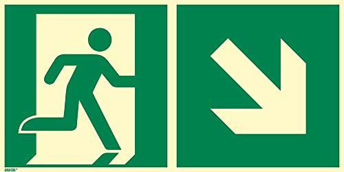Notausgang rechts abwärts, Hart-PVC, langnachleuchtend 55/8 mcd DIN 67510 Leuchtklasse B, 300 x 150 mm gemäß ASR A1.3 / ISO 7010 E002, Rettungszeichen Schild, 30 x 15 cm
