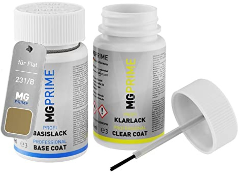 MG PRIME Autolack Lackstift für Fiat 231/B Beige Cappuccino + Klarlack | Cappuccino Beige, Set aus Basislack + Klarlack, Lackfläschchen mit Pinsel, je 50ml