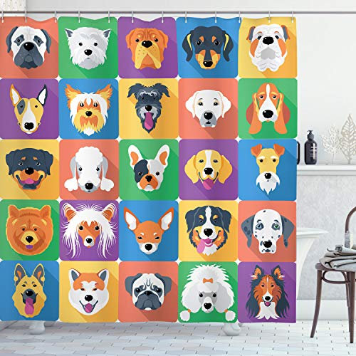 ABAKUHAUS Hund Duschvorhang, Terrier Labrador Rasse Haustiere, Stoffliches Gewebe Badezimmerdekorationsset mit Haken, 175 x 180 cm, Lila Grün