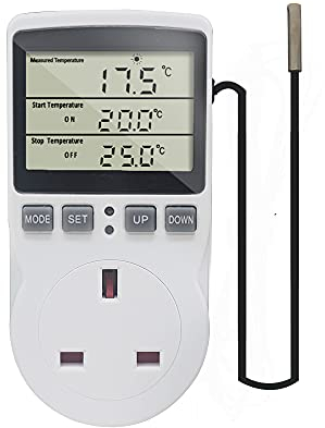 KETOTEK Digital Thermostat Plug Socket Temperature Controller 220V with Sensor Probe, Thermostatic Plug Heating Cooling for Greenhouse Freezer Refrigerator Fermentation