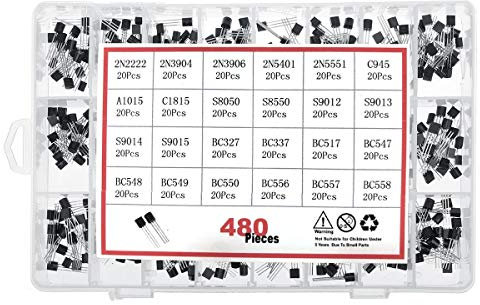 DollaTek 480Pcs 24 Types Silicon NPN/PNP Transistor Assortment Kit S9012 S9013 S9014 S9018 A1015 C945 S8050 S8550 2N2222 2N3904 2N3906 2N5401 2N5551 General Purpose Silicon Transistors 3-Pin TO-92