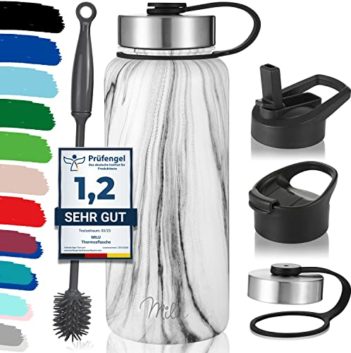 Milu Bouteille en acier inoxydable 500ml, 750ml, 1000ml (+3 couvercles) - Bouteille thermo avec paille, bouteille d'eau, pour boissons chaudes, froides et gazeuses (marbre, 1l)