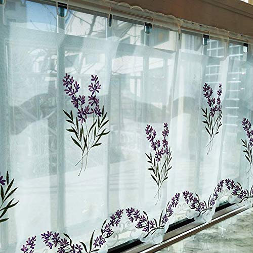 YXW Scheibengardine Lila Lavendel Voile Bistrogardine, Stickerei Kurzer Vorhang im nordischen Stil für Schlafzimmer/Wohnzimmer/Café, Weiß, Fensterbehandlung Halbe Vorhänge