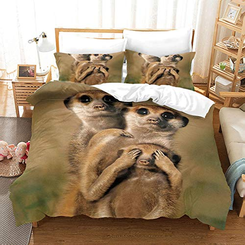 KWNEJG Erdmännchen Familie Bettwäsche 135x200cm mit Reißverschluss,3-Teiliges Bettbezug Set, 1 Bettbezüge und 2 Kissenbezug 80x80cm, atmungsaktiv 3D Bedruckte Weich Microfaser Deckenbezug