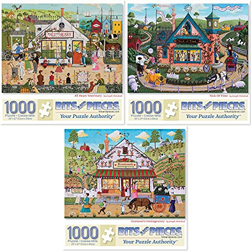 Bits and Pieces - Set mit drei (3) 1000 Teilen Puzzles für Erwachsene – jedes Puzzle misst 51 cm x 69 cm – Nick of Time, Veterinary, Lebensmitteldorf, Vintage-Puzzle vom Künstler Joseph Holodook