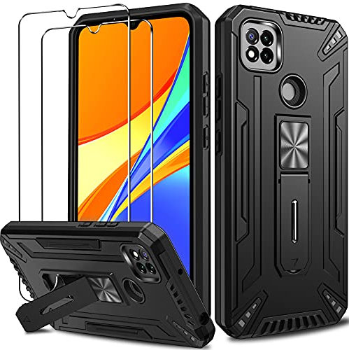 ivoler Coque pour Xiaomi Redmi 10A / 9C / 9C NFC avec Support Béquille et [Protection écran en Verre Trempé *2], [Military Grade] Étui de Protection Antichoc Bumper Housse, Noir