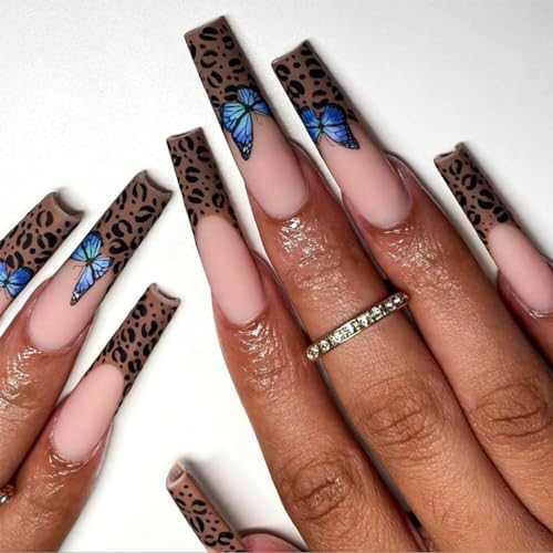 Brishow French Nägel zum Aufkleben Leopard Lange Künstliche Nägel Schmetterling Press on Nails Falsche Nägel 24pcs für Frauen und Mädchen