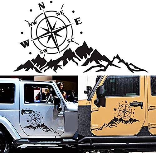 OPSLEA 2 STÜCKE Kompass mit Bergaufklebern, wasserdichte Vinyl-Haube-Aufkleber-Auto-Fenster-Aufkleber Auto-Grafik-Körper-Seiten-Aufkleber für Jeep Wrangler SUV Ford Dekoration