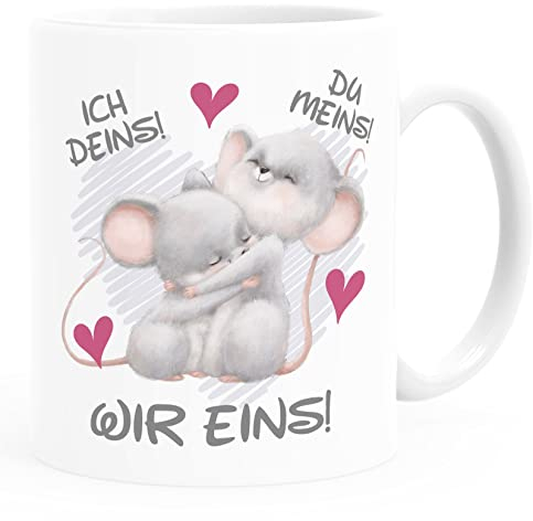 SpecialMe® Kaffee-Tasse Geschenk Liebe Valentinstag Jahrestag Spruch Ich Deins Du Meins Wir Eins Herz Mäuse weiß Keramik-Tasse