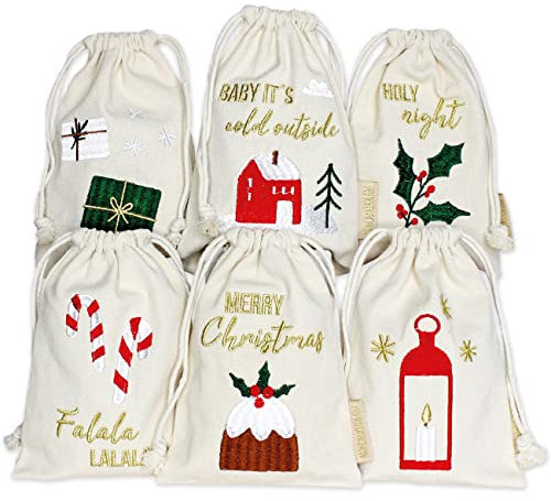 Papierdrachen Geschenkverpackung Weihnachten 2025 - Stoffbeutel 6er Set - 13x18 cm - beige - mit Stickerei in gold - wiederverwendbar zum Befüllen