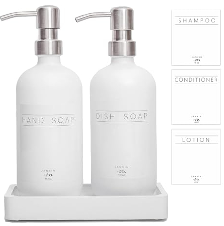 Janxin Glass Soap Dispenser for Kitchen,16oz Morden Hand and Dish Soap Dispenser with Stainless Steel Pump and Wood Tray,Bathroom Soap Dispenser with Waterproof Labels (White Bottles+Silver Pumps)