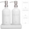 Janxin Dispenser di sapone in vetro per cucina, dispenser di sapone per mani e piatti Morden da 470 ml, con pompa in acciaio inossidabile e vassoio in legno, dispenser di sapone da bagno con etichette