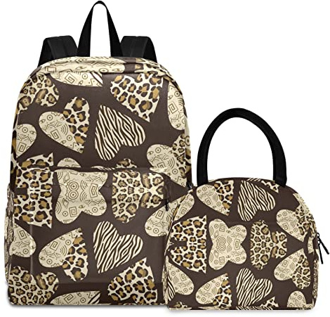 KAAVIYO Grauer Leoprint Mit Herzdruck Büchertasche Lunchpaket Set Schulter Rucksacks Bookbag Kinderrucksack Isolierte Lunchbox-Tasche für Mädchen Jungs