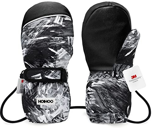 HOIHOO Kids Ski Mittens, Waterproof Snow Thinsulate Mittens Toddler Warm Winter Ski Snow Gloves with String for Boys Girls