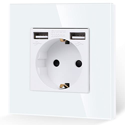 JIMEIDA toma de corriente con USB en BLANCO, tomas de corriente Schuko de cristal de 16A con conexión USB de carga rápida Max.2.1A, toma de corriente de pared con contacto de protección empotrad