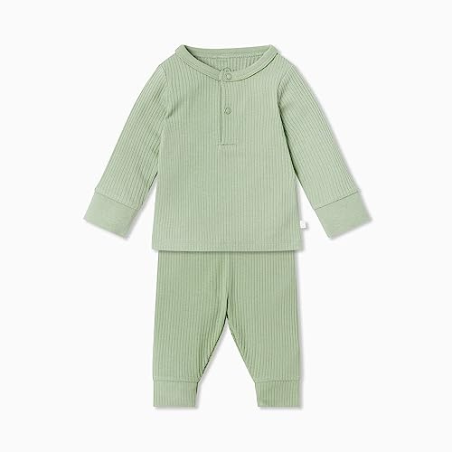 MORI Baby - Unisex Ribbed Pyjamas in Sage - Soft Organic Sleepwear with Front Popper Placket - Elastic Waist Bottoms for Secure Comfort - Ideal for Baby Boys and Girls Aged 9-12 Months