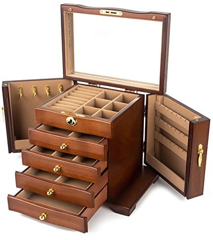 hzexun Wooden Jewelry Box for Women, Solid Wood Organizer with Combo Lock for Jewelries, Necklaces, Rings, Vintage Style Storage Box with Mirror