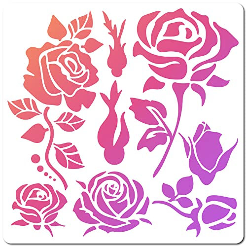 GORGECRAFT Rose Pochoirs Modèles 30x30 cm Fleur Bourgeon Feuilles Grand Pochoirs Carrés en Plastique Réutilisables Signe pour Peinture Sur Bois Mur Scrapbook Carte Plancher Dessin DIY Décor Artisanat