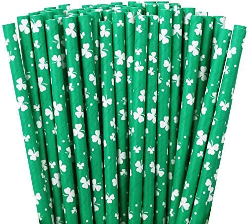 Whaline 200Pcs St. Patrick's Day Paper Straws Shamrocks Green Disposable Straws White Clover Prints Drinking Straws Irish Holiday Decorative Straws for Beverages Cocktail Birthday Party Supplies