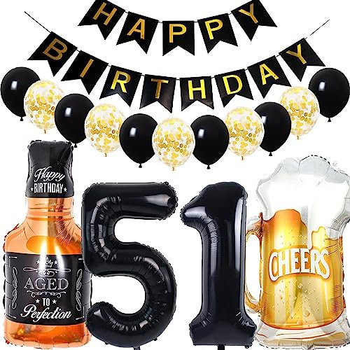 Conruich Decoración de Cumpleaños de 51 años Hombre Mujer, Globo de Foil Whisky Cerveza Vaso Globo de Vino Botella de Cerveza Deco, Gigante Número 51, Fiesta de Cumpleaños Kit para 51 años Mujer