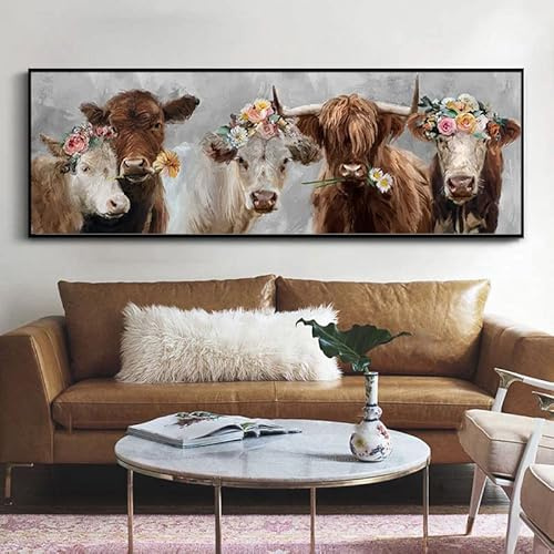 LOARTVE Kuh Wandkunst Lustiges Bauernhaus Tier Poster Bilder Drucke Moderne Abstrakte Kuh Mit Blumen Gemälde Kunstwerk Wanddekoration für Wohnzimmer Schlafzimmer Heimdekoration ungerahmt (40,6 x 119,4