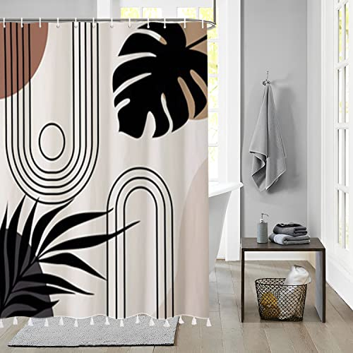 Bovlleetd Tropische Blätter Duschvorhang mit Quaste Monstera Muster Duschvorhang mit Quasten Dekorative Wasserdichtes Gewebe mit 12 Haken Maschine waschbar Polyester 180x200cm