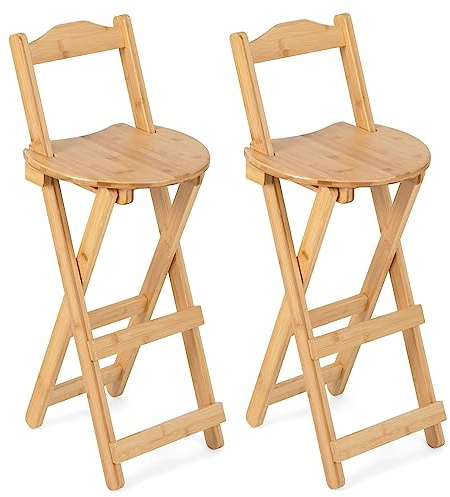 GiantexUK Folding Bar Stools Set of 2, Bamboo Kitchen Stools with Footrest, Portable Counter Breakfast Bar Chairs for Home Bistro Dining Room, Installation Free (with Backrest, 36 x 36 x 84cm)