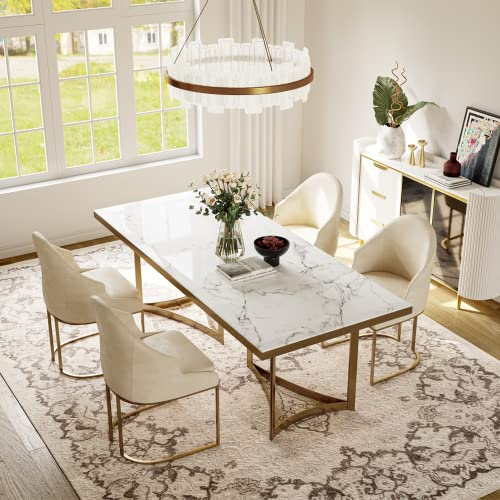POVISON modern Esstisch Barock weiß 140cm aus Bura Kunstmarmor mit golden Edelstahlbeine luxuriöser,Essenzimmertisch für 4 Personen,einfache Installation,140 * 80 * 75 cm(ohne Stühle)