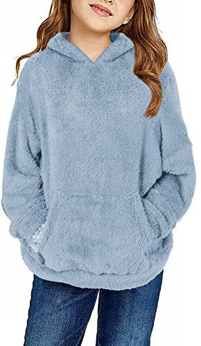 Runcati Pullover Mädchen Kapuzenpullover Fuzzy Teddy Fleece Sweatshirts mit Kapuze Taschen Freizeit Warm Kinder Hoodies,Blau,12-14Jahre